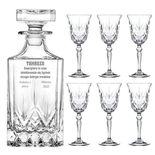 Zestaw prezentowy- kryształowa karafka z grawerem + kryształowe kieliszki do likieru, nalewki 50ml, 6szt w pudełku prezentowym - prezent na emeryturę