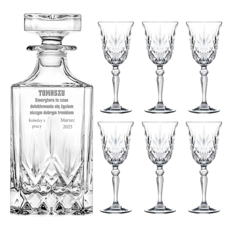 Zestaw prezentowy- kryształowa karafka z grawerem + kryształowe kieliszki do likieru, nalewki 50ml, 6szt w pudełku prezentowym - prezent na emeryturę