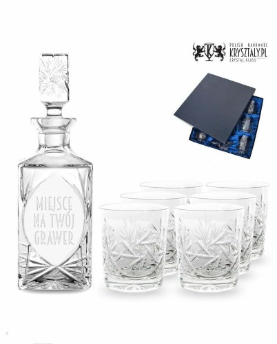 Zestaw do whisky z grawerem: kryształowa karafka z grawerem + kryształowe szklanki 6szt w opakowaniu prezentowym Młynek MZ11