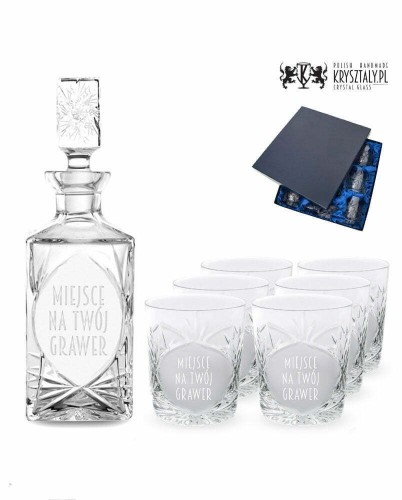 Zestaw do whisky z grawerem: kryształowa karafka z grawerem + kryształowe szklanki z grawerem 6szt w opakowaniu prezentowym Młynek MZ11