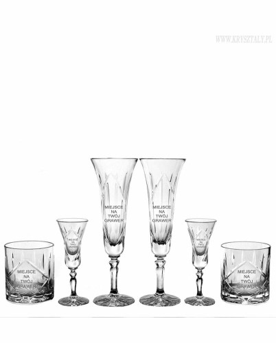 Kryształowy zestaw prezentowy dla Pary Młodej z grawerem – kieliszki do szampana 2szt, kieliszki do wódki 2szt, szklanki do whisky 2szt Simple SZ20E