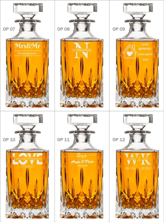 Zestaw do whisky Opera: kryształowa karafka z grawerem+ kryształowe szklanki do whisky 6szt w opakowaniu prezentowym OKP10