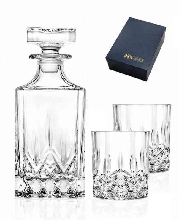 Zestaw do whisky: kryształowa karafka z grawerem+ kryształowe szklanki do whisky z grawerem 2szt w opakowaniu prezentowym ROP11