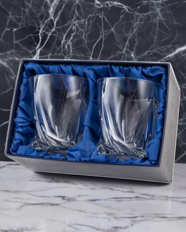 Kryształowe szklanki do whisky Quadro 340ml 2szt w pudełku prezentowym z eko-skóry