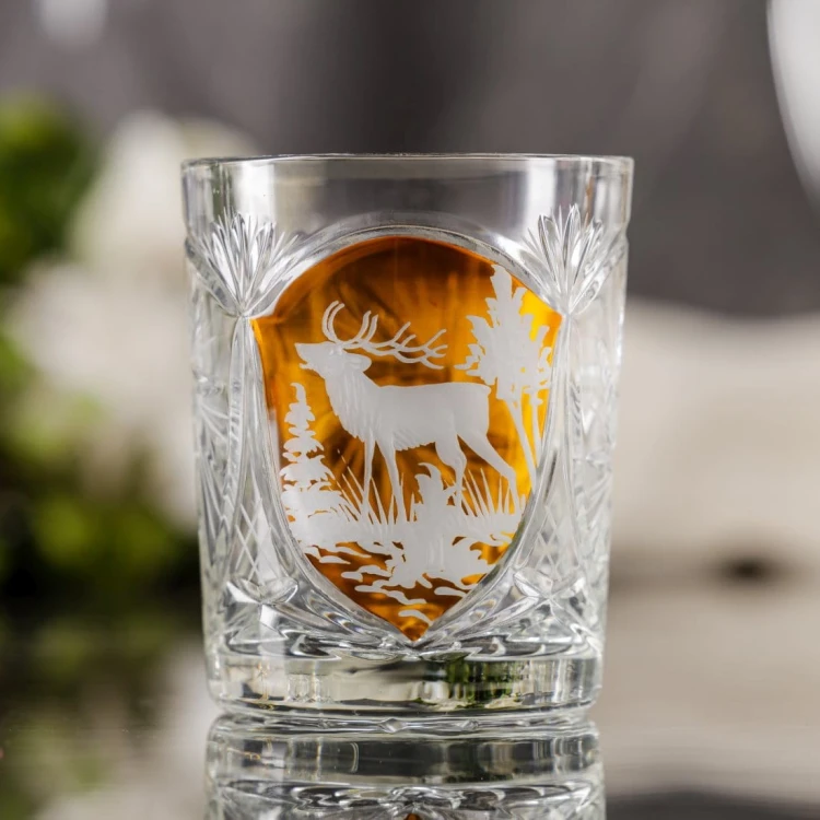 Prezent dla myśliwego – kryształowe szklanki do whisky z motywem myśliwskim bursztynowe MK80 2szt